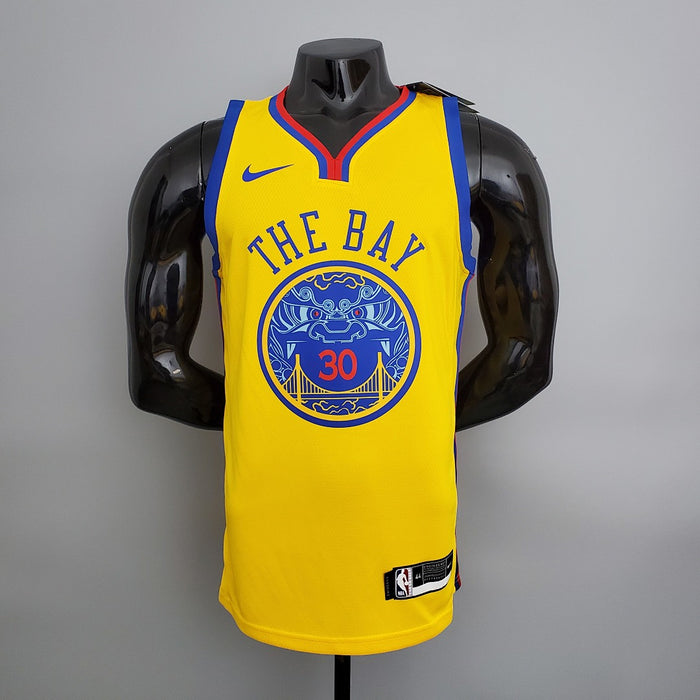 Maillot 2018 Warriors#30 Chinese Dragon Robe Jaune NBA